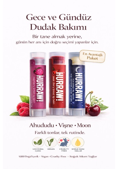 Lip Balm 3 Lü Set Ahududu, Vişne Ve Moon Gece & Gündüz Dudak Bakımı