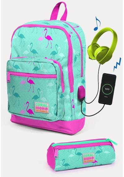 Coral High Kids Su Yeşili Neon Pembe Flamingo Desenli Usb'li 2'li Okul Çanta Seti Set0223275