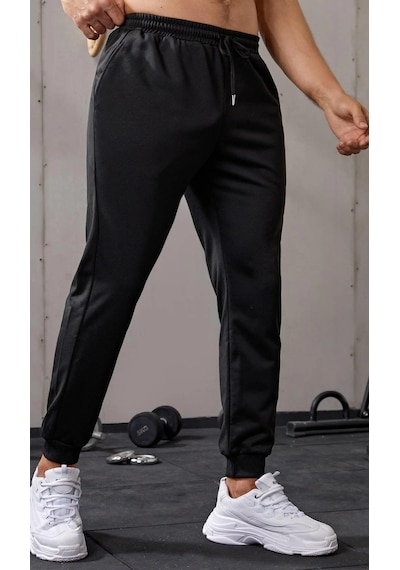 Ghassy Co. Erkek Dar Paça Running Hafif Koşucu Fitness Gym Athletic Dalgıç Kumaş Spor Eşofman Altı 001 Siyah