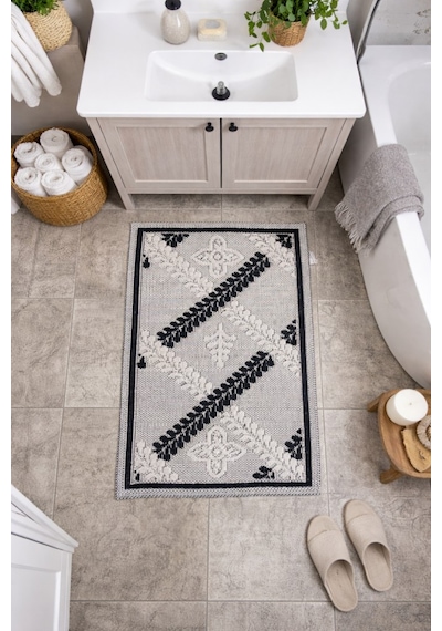 Modern Dokuma Desenli Kaymaz Taban Banyo Paspası 50x80 Cm Siyah