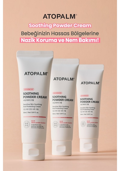 Yenidoğanlara Özel, Pudraya Dönüşen Nemlendirici, Pişik Önleyici Krem Atopalm Soothing Powder Cream