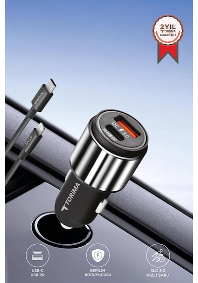 Torima C16 45w Silver Araç Şarj Cihazı Lıghtnıng Kablolu Hızlı Şarj Adaptörü