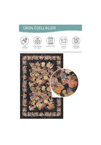 Artloop Florart Siyah Vintage Dokulu Gül Desenli Dokuma Tabanlı Çiçekli Şönil Halı Al 484