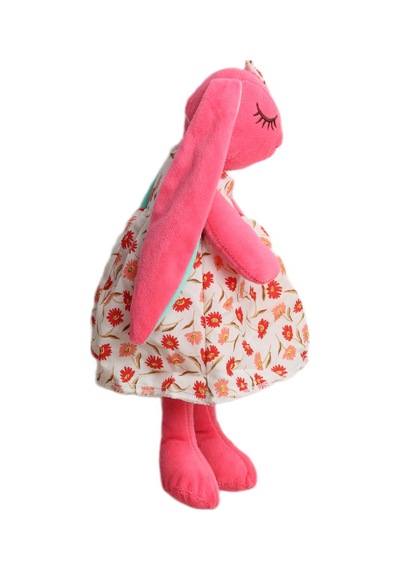 İthal Kumaş Uzun Kulaklı Renkli Kıyafetli Sevimli Tavşan Peluş Oyuncak Uyku & Oyun Arkadaşı 30 Cm. Koyu Pembe
