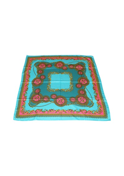 Tikitonki Geometrik Desenli Saten Turkuaz Eşarp - 90x90 Çok Renkli Çok Renkli