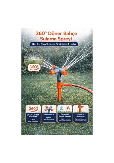 360 Döner Bahçe Sulama Fıskiyesi, 4 Kollu Otomatik Sprinkler, Kazıklı Tasarım, Geniş Alan Kaplama