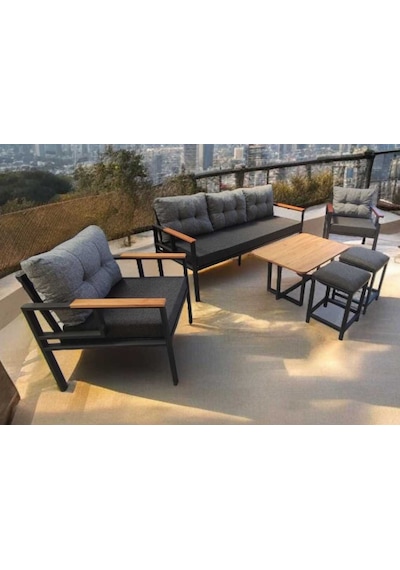 Pielize Bahçe Ve Balkon Mobilyası Antrasit Gri 3+1+1 Sehpa, 2 Puf Antrasit - Gri