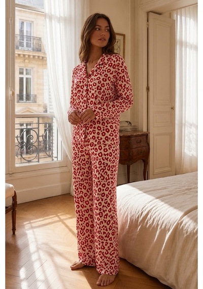 Fit Women Kadın Gömlek Yakalı Rahat Ev Giyimi Kırmızı Pijama Takımı