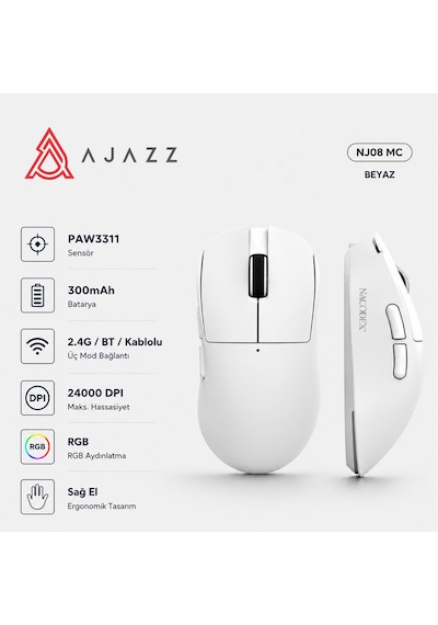 Nj08 Mc Kablosuz 3 Modlu Rgb Oyuncu Mouse 24.000 Dpı Paw 3311 Sensör Diğer