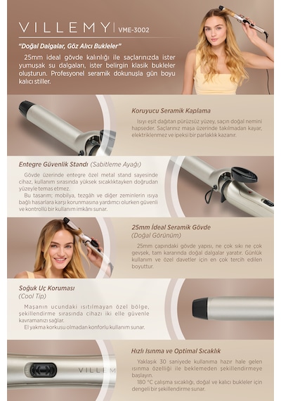 25 Mm Seramik Kaplamalı Profesyonel Saç Maşası Doğal Ve Belirgin Bukleler -vme-3002