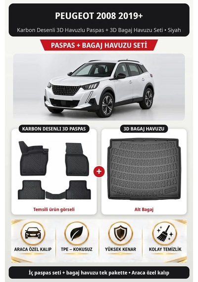 Peugeot 2008 2019+ Araca Özel Karbon Desenli 3d Paspas Bagaj Havuzu Set Alt Bagaj Siyah