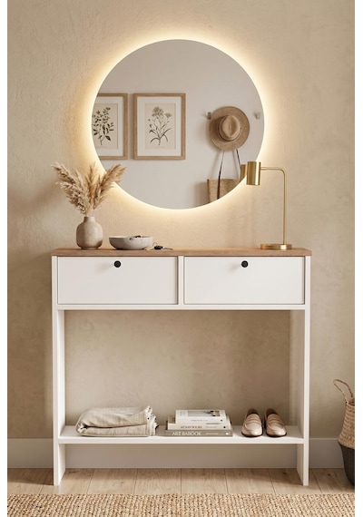 Robin Home Led Aynalı Dresuar Kapaklı Ahşap Ayaklı 90cm Sepet-beyaz