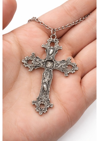 Gotik Haç Kolye Antik Görünümlü Metal Zincir Unisex 60 Cm Çok renkli