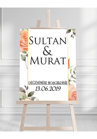 Söz Nişan Düğün İçin 50x70 Karşılama Panosu - Siyah Gül Çiçek Desenli Beyaz