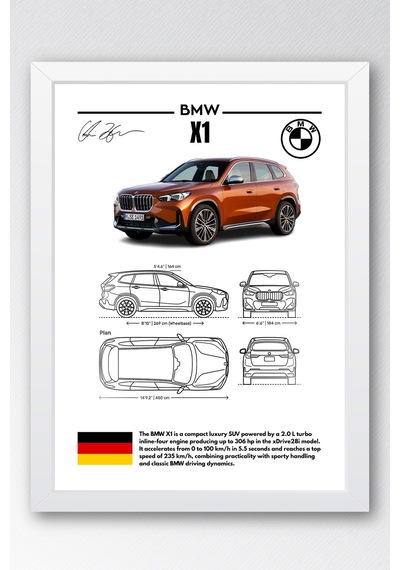 Bmw X1 Tablo - Teknik Özellikli Alman Lüks Suv Poster - Çerçeveli Duvar Dekoru - Araba Blueprint Beyaz