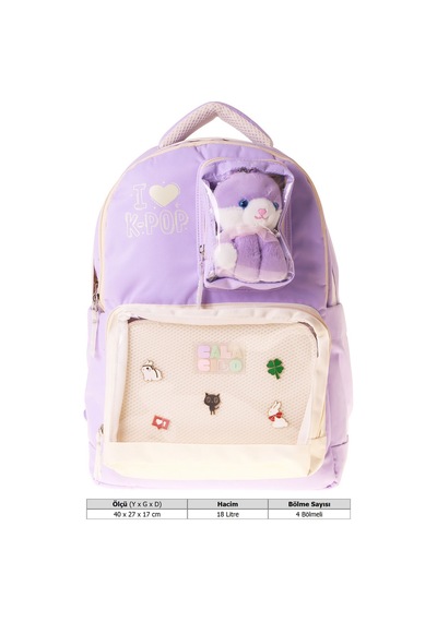 Calacilo Dört Bölmeli Peluşlu K-pop Lilac Peluş Ayı Aksesuarlı Lila Kız Çocuk İlkokul Sırt Çantası - C4104