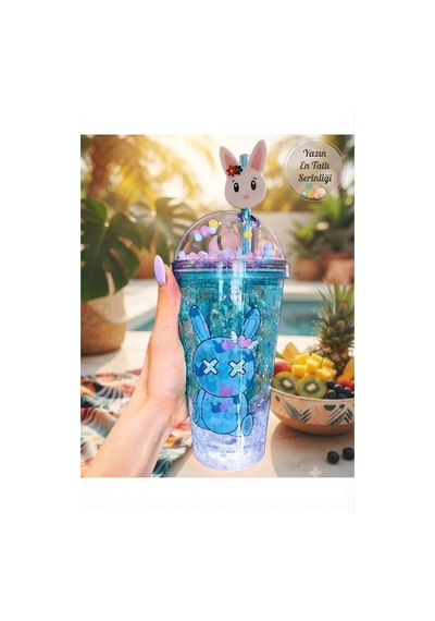 Çift Katmanlı İçecek Bardağı Led Işıklı Pipetli Kawaii Chibi Sevimli Tavşan Figürlü Suluk 450ml Mavi