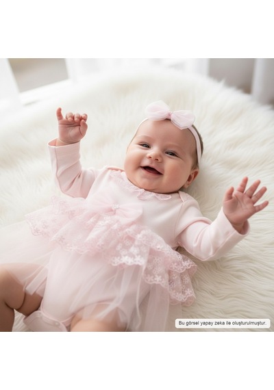 Ürünya Kız Bebek Tokalı Tüllü Zıbın Elbise Pembe