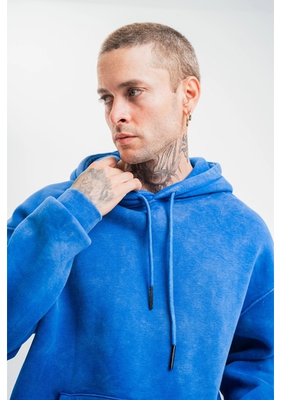 Barlashive Erkek 3 İplik Pamuklu Oversize Kapüşonlu Yıkamalı Hoodie Sweatshirt - Mavi Çok Renkli
