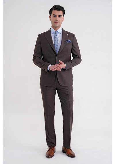 Efor Slim Fit Çift Yırtmaç Sivri Yaka Esnek Kahverengi Klasik Takım Elbise Tk 939 Kahverengi