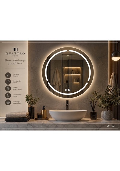 Dokunmatik Dimmer Özellikli Yuvarlak Led Işıklı Banyo Aynası 100 Cm 80 Cm Çap Açık Gri