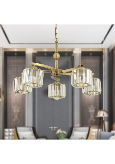 Amir 5 Kollu Eskitme Kristalli Taşlı Modern Tasarım Kristal Salon Avize