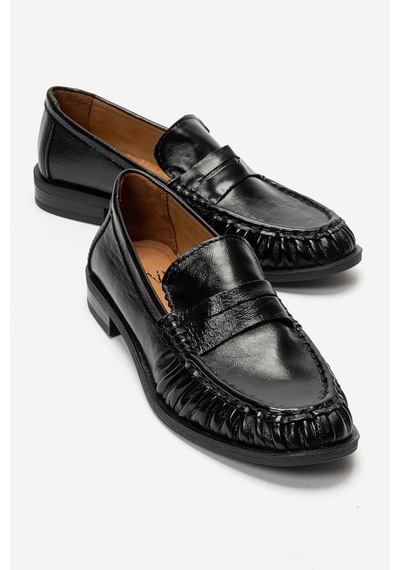 Luvi Shoes Chen Siyah Kırışık Rugan Hakiki Deri Kadın Loafer Ayakkabı