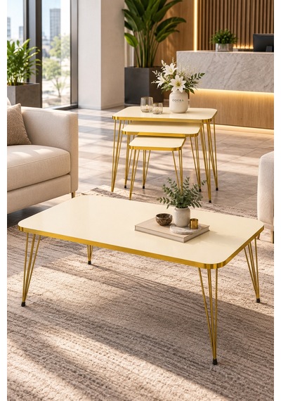 Odera Orta Sehpa Ve Zigon Sehpa 4'lü Set Metal Tel Ayaklı Modern Retro Salon Sehpası Diğer