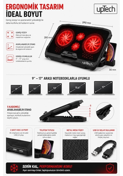 Uptech Laptop Soğutucu 4 Fanlı Ayarlanabilir Dizüstü Bilgisayar Soğutma Fanı