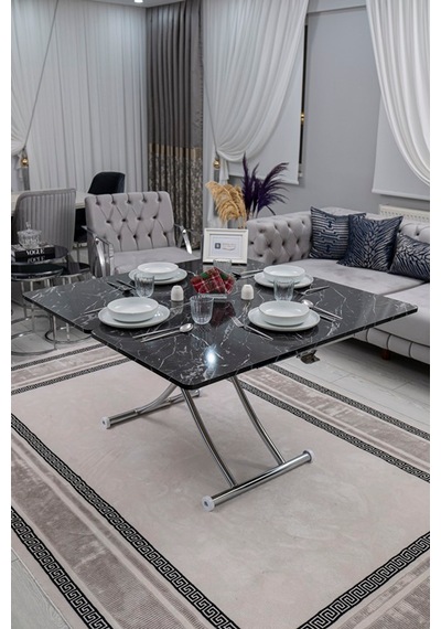 Juppo Üst Tabla Mdf Siyah Mermer Desen Oval Köşe Alt Krom İçe K
