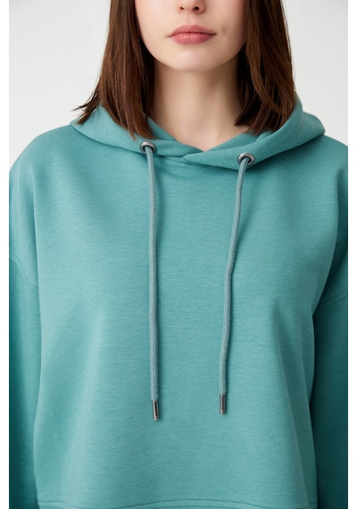 Los Ojos Mavi Yeşil Kapüşonlu Yumuşak Dokulu Crop Sweatshirt Cropped Sweat Mavi-yeşil Mavi-yeşil