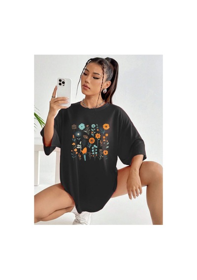 Medinenur Çiçek Baskılı Unisex Tshirt Siyah