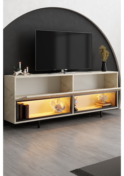 Ekol Siyah Demir Ayaklı Rgb Led Işık Sistemli Traverten Tv Ünitesi Tv Sehpası M2 Traverten - Siyah Ekol Siyah Demir Ayaklı Rgb Led Işık Sistemli Traverten Tv Ünitesi Tv Sehpası M2 Traverten - Siyah