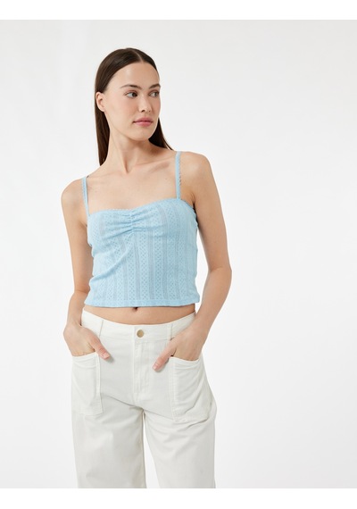 Koton Pamuklu İp Askılı Büzgülü Dokulu Slim Fit Crop Atlet Mavi 5sak10669ek