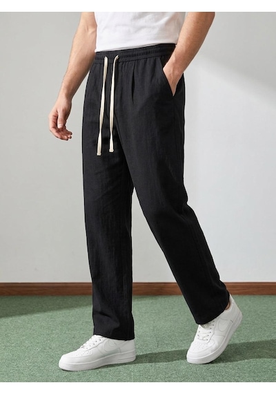 Danger Erkek Baggy Kalıp Beli Lastikli %100 Pamuk Keten Görünümlü Pantolon Siyah 1007dngr