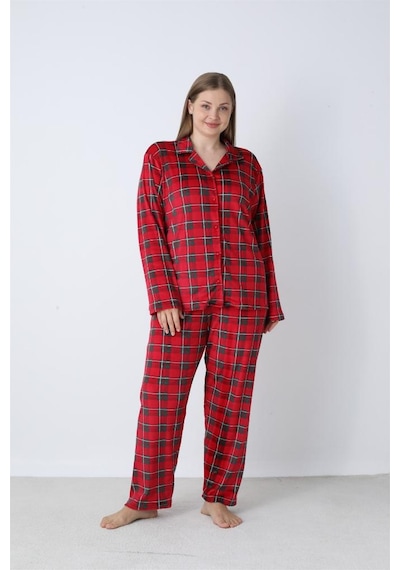 Battal Estiva Kareli Önden Düğmeli Kadife Bayan Pijama Takım Bordo