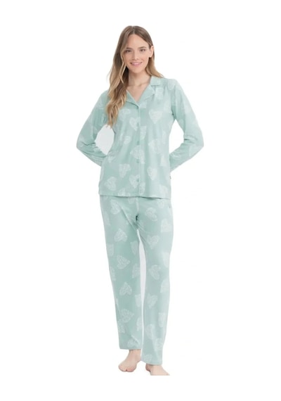 U.S. Polo Assn. Kadın, Lisanslı, Uspa, Önden Düğmeli, Pijama Takım, Ev Giyim Yeşil