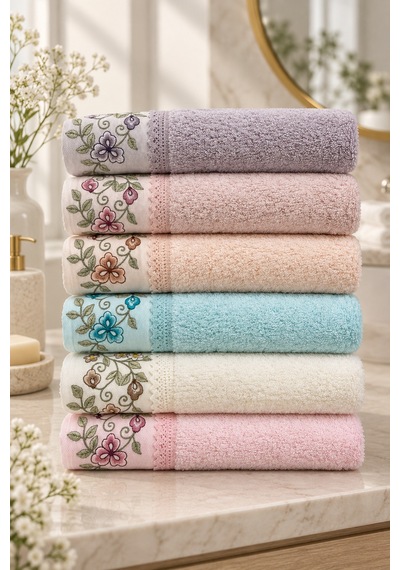 Bahar Dalı Çiçek Nakışlı El Yüz Havlusu 50x90 Cm 6 Lı Set %100 Pamuk - Çok Renkli