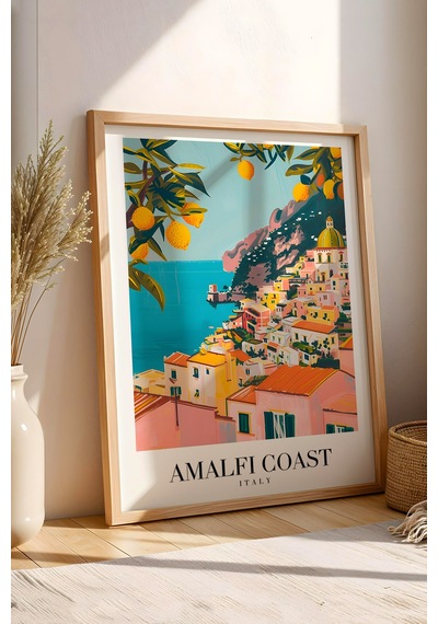 Amalfi Coast Italy Vintage Seyahat Posteri Çerçeveli Tablo - Premium Akdeniz Temalı Duvar Dekoru Kayın