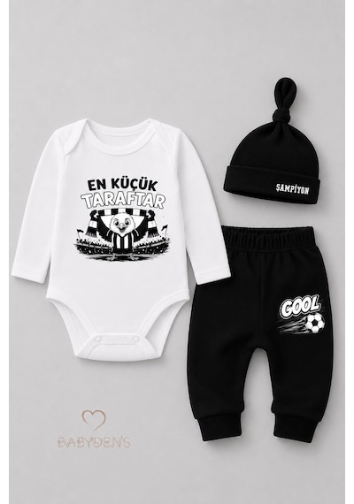 Babyden's %100 Pamuk Siyah Beyaz En Küçük Taraftar 3'lü Yenidoğan Bebek Takımı Uzun Kollu Body Pantolon Şapka Seti