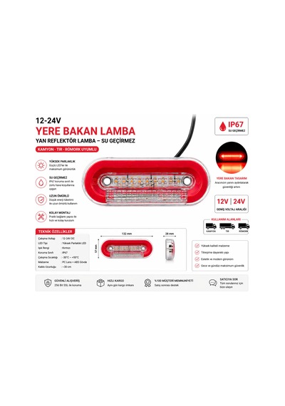 Mega Oto Market 12-24v Kırmızı Beyaz Yere Bakan Lamba Yan Reflektör Lamba Su Geçirmez Kamyon Tır Römork Uyumlu 1 Adet