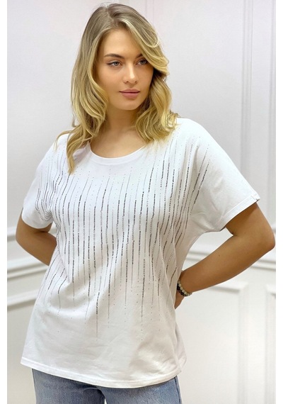 Rich Glam Bol Kesim Bisiklet Yaka Büyük Beden Crystal Taşlı Kadın T-shirt Beyaz