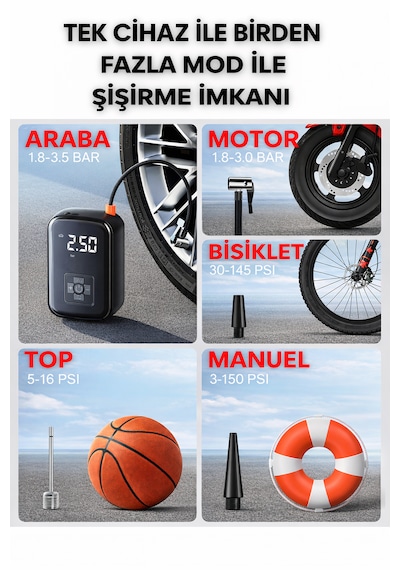 Wy-006 Kablosuz Dijital Hava Kompresörü 150 Psı Taşınabilir Şarjlı Lastik Şişirme Pompası Led Işıklı 1 Adet