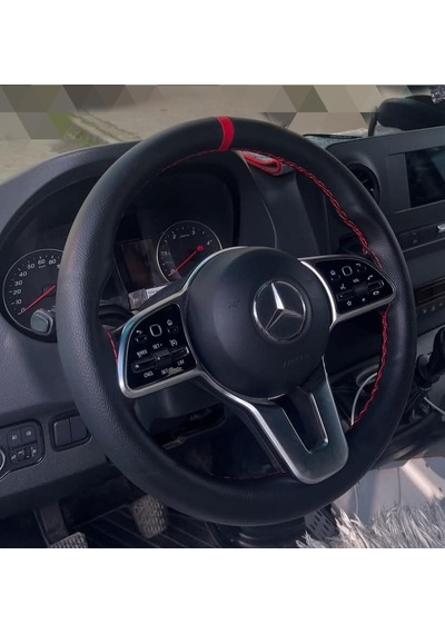 Dikişli Direksiyon Kılıfı Siyah Deri Kırmızı Yüzük Kırmızı Dikişli Mercedes Sprinter Yeniler Siyah