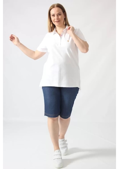 Moda Berray 21305 Kısa Kollu Büyük Beden Lakost Kumas T-shirt Beyaz Beyaz