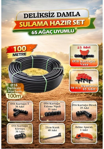 100 Metre 16mm Deliksiz Damla Sulama Hazır Set 65 Ağaç Uyumlu Hs0003
