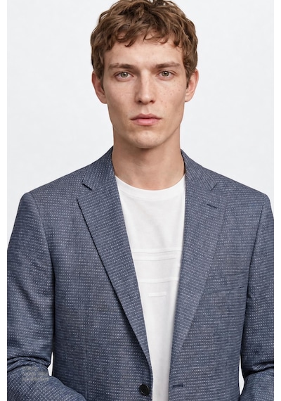 Altınyıldız Classıcs Erkek Mavı Yünlü Slim Fit Dar Kesim Mono Yaka Kapak Cepli Armürlü Blazer Ceket Mavi