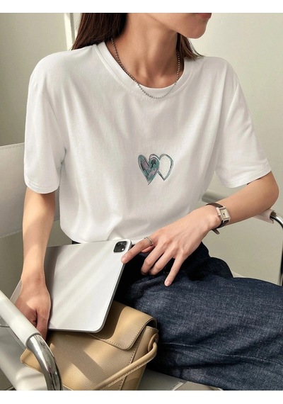 Startmore Kadın Beyaz Çift Heart Baskılı Oversize T-shirt Beyaz