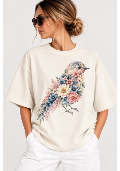 Velaura Studio Çiçekli Kuş Baskılı Kadın T-shirt Ekru