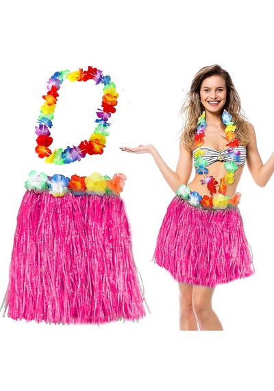 Hawaii Luau Aloha Pembe Püsküllü 40 Cm Etek Ve Hawaii Kolye Seti 5691 "